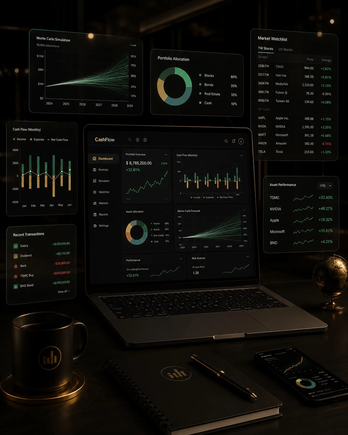 CashFlow investment dashboard with portfolio allocation, market watchlist, and Monte Carlo simulation
