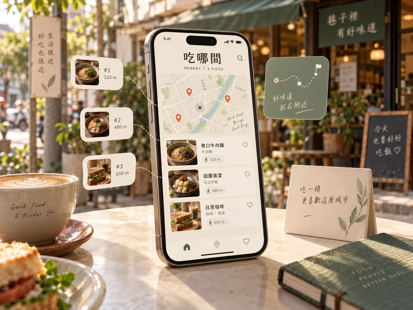 AI concept cover for Chi Na Jian: a phone showing a neighborhood map and three nearby restaurant recommendations
