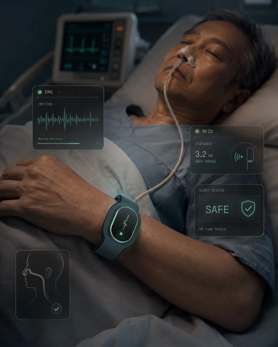 Patient wearing a compact detection bracelet that monitors EMG movement and NG-tube proximity