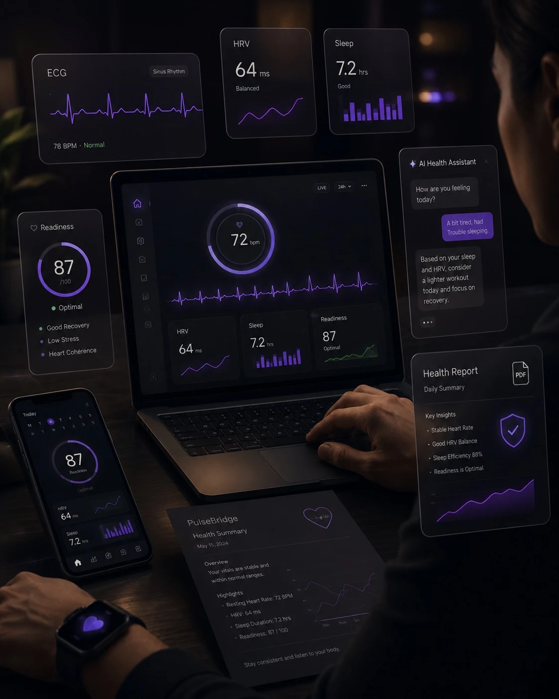 PulseBridge health dashboard showing ECG, HRV, sleep, readiness, and AI health analysis